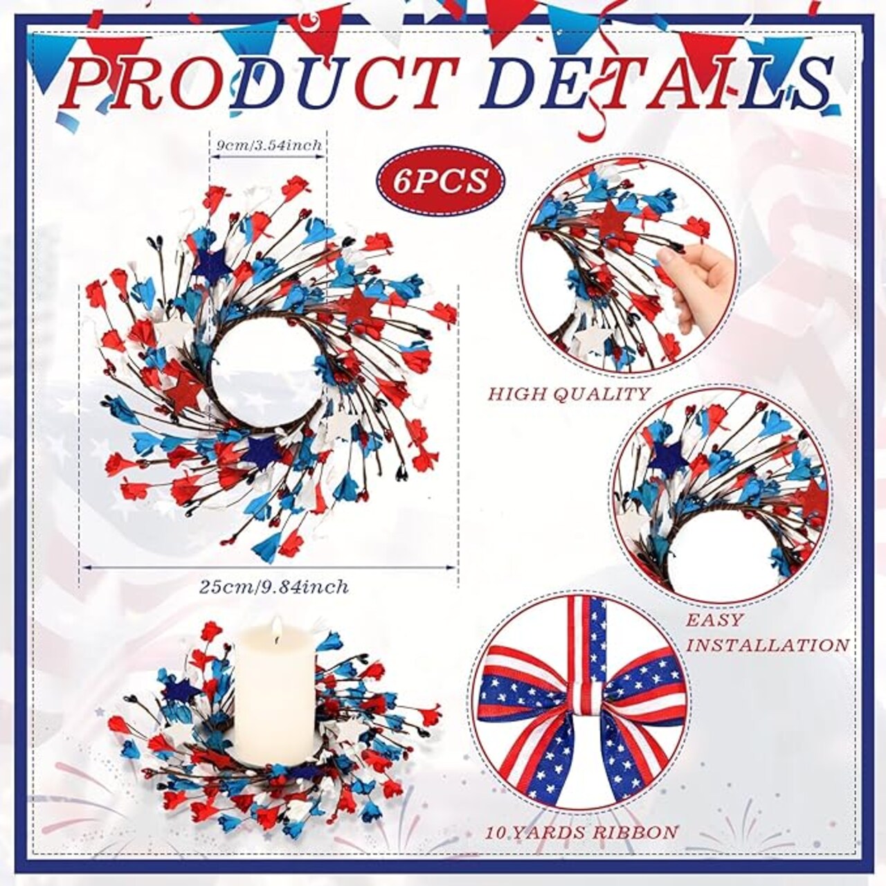 6 Pcs Mini 4th of July Wreaths, Red White Blue Patriotic Candle Ring Wreaths for Cabinets, Pillar Candles, Farmhouse Front Door & Memorial Day Decorations
